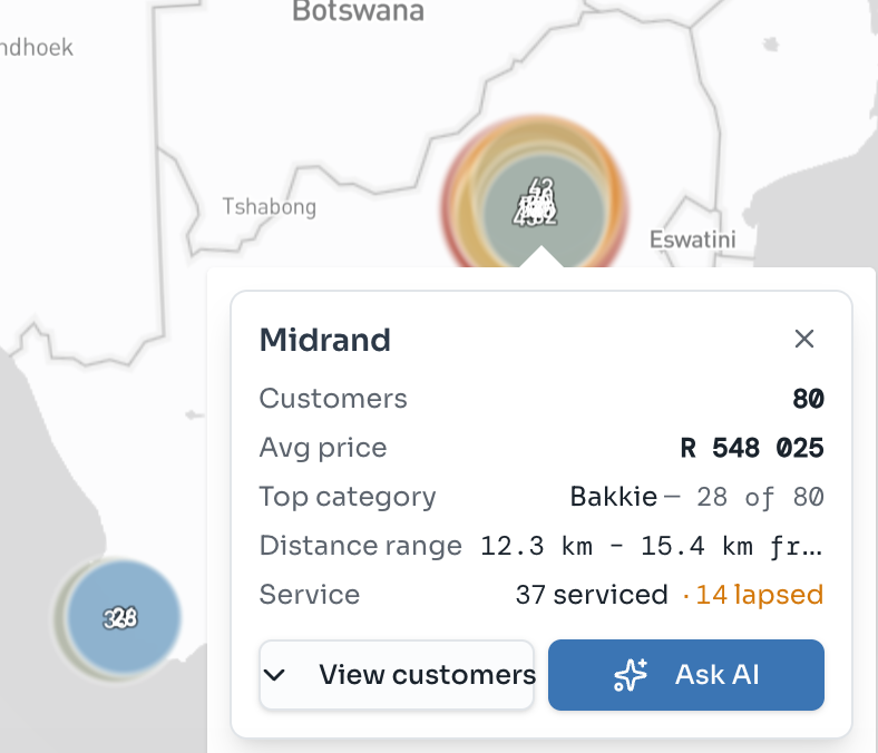 PinPoint dashboard showing a Midrand customer hotspot with 80 customers, R548,025 average price, top category Bakkie, and 14 lapsed on service